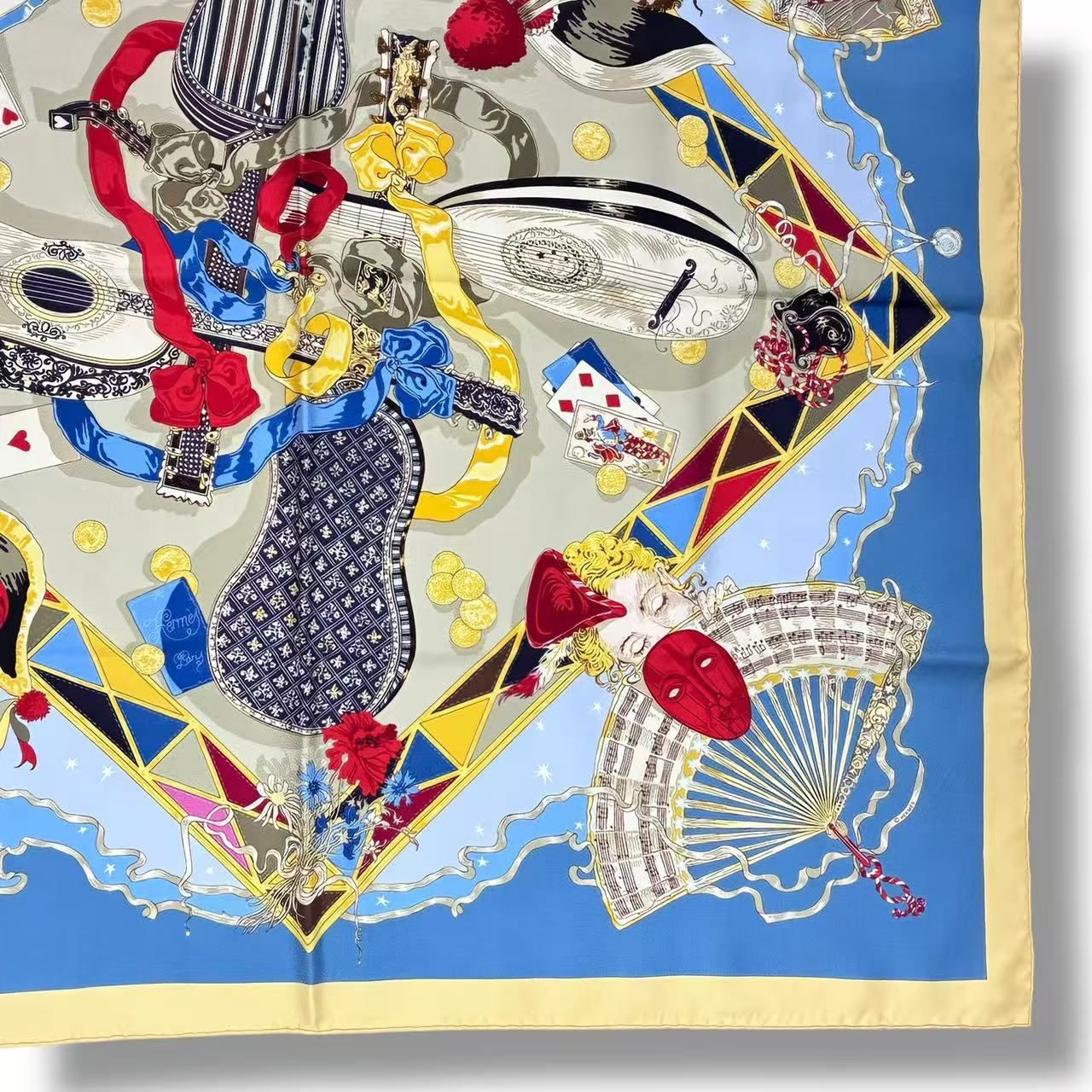Hermes Scarf Silk Carre 90 Au Clair de la Lune My Friend Clown Blue — view 5
