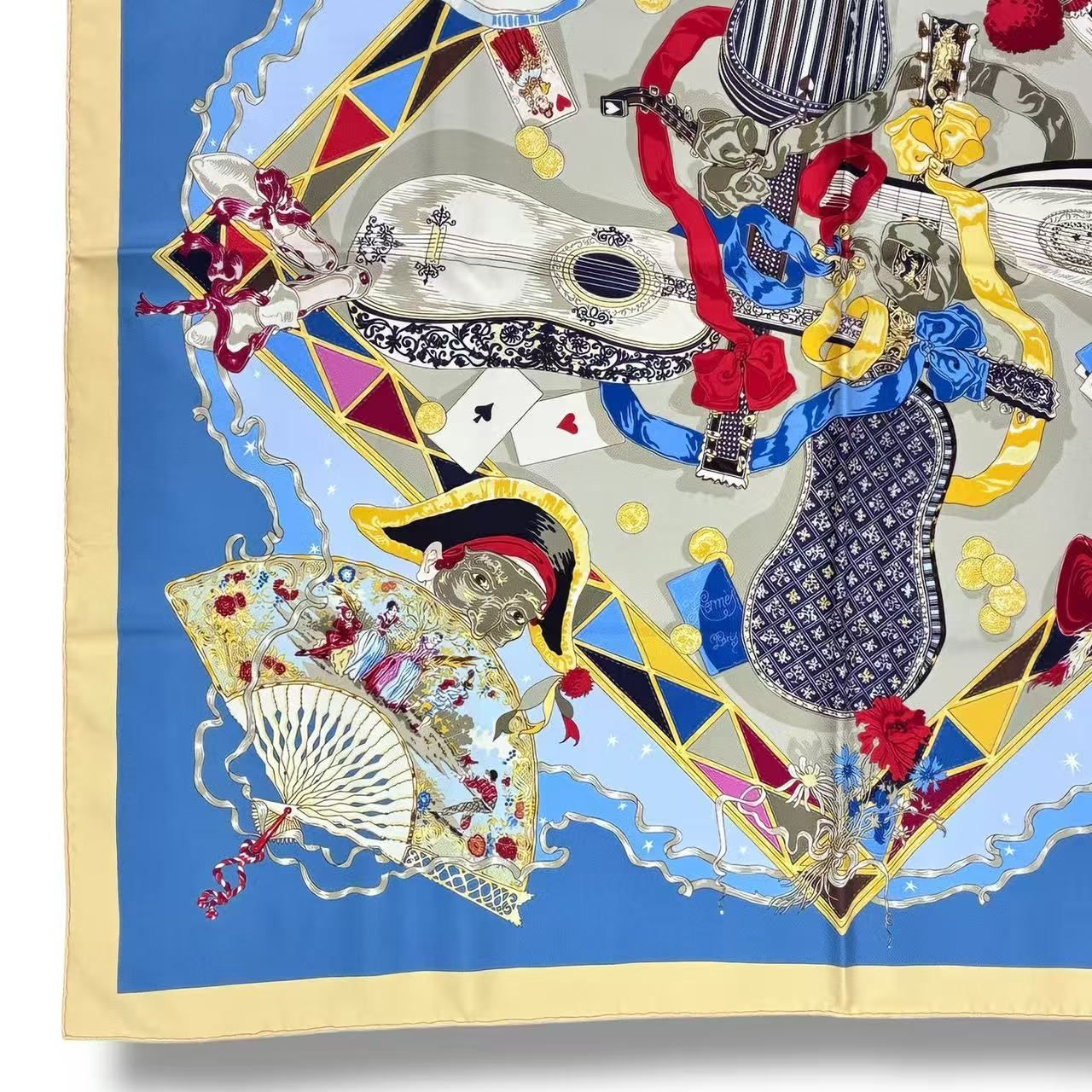 Hermes Scarf Silk Carre 90 Au Clair de la Lune My Friend Clown Blue — view 6