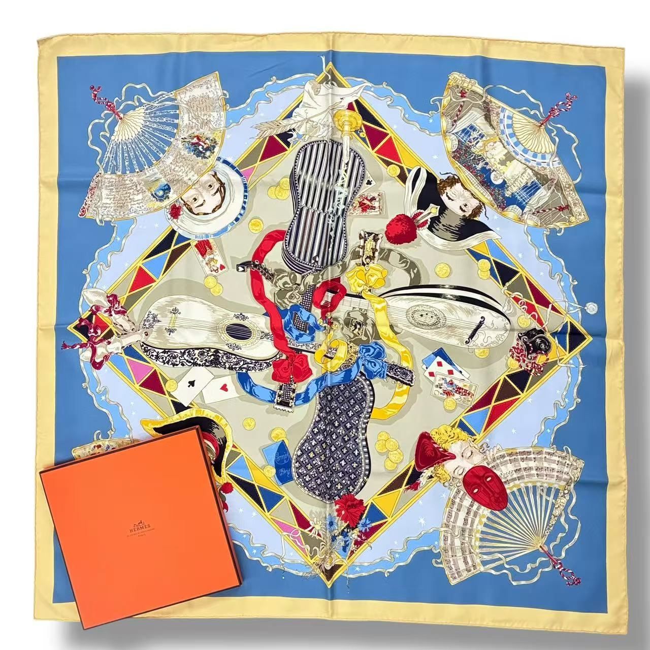 Hermes Scarf Silk Carre 90 Au Clair de la Lune My Friend Clown Blue