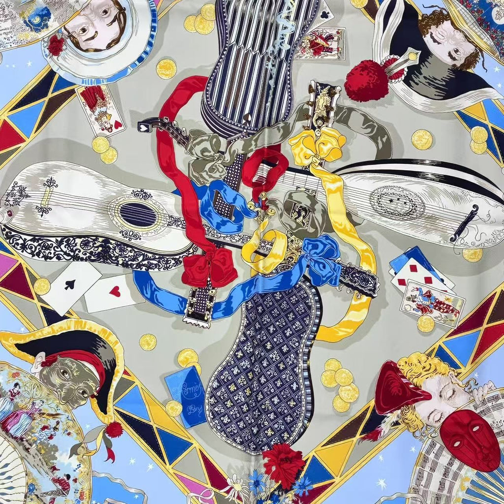 Hermes Scarf Silk Carre 90 Au Clair de la Lune My Friend Clown Blue — view 7