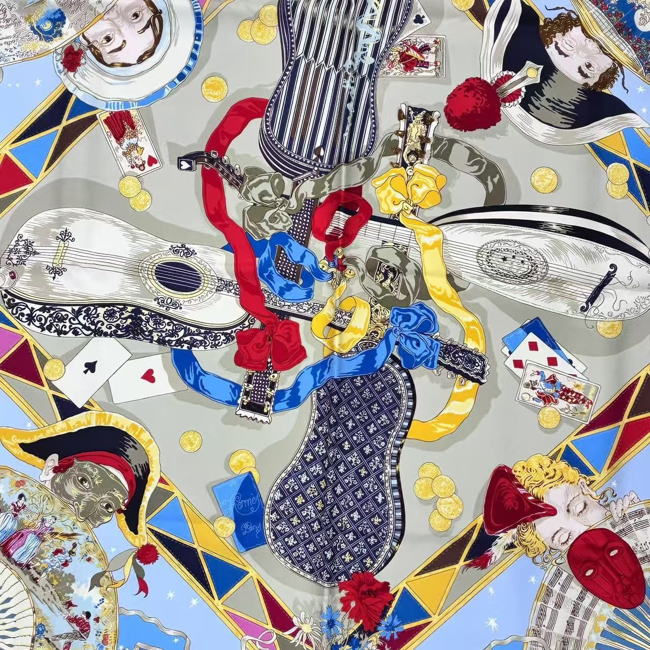Hermes Scarf Silk Carre 90 Au Clair de la Lune My Friend Clown Blue — view 7