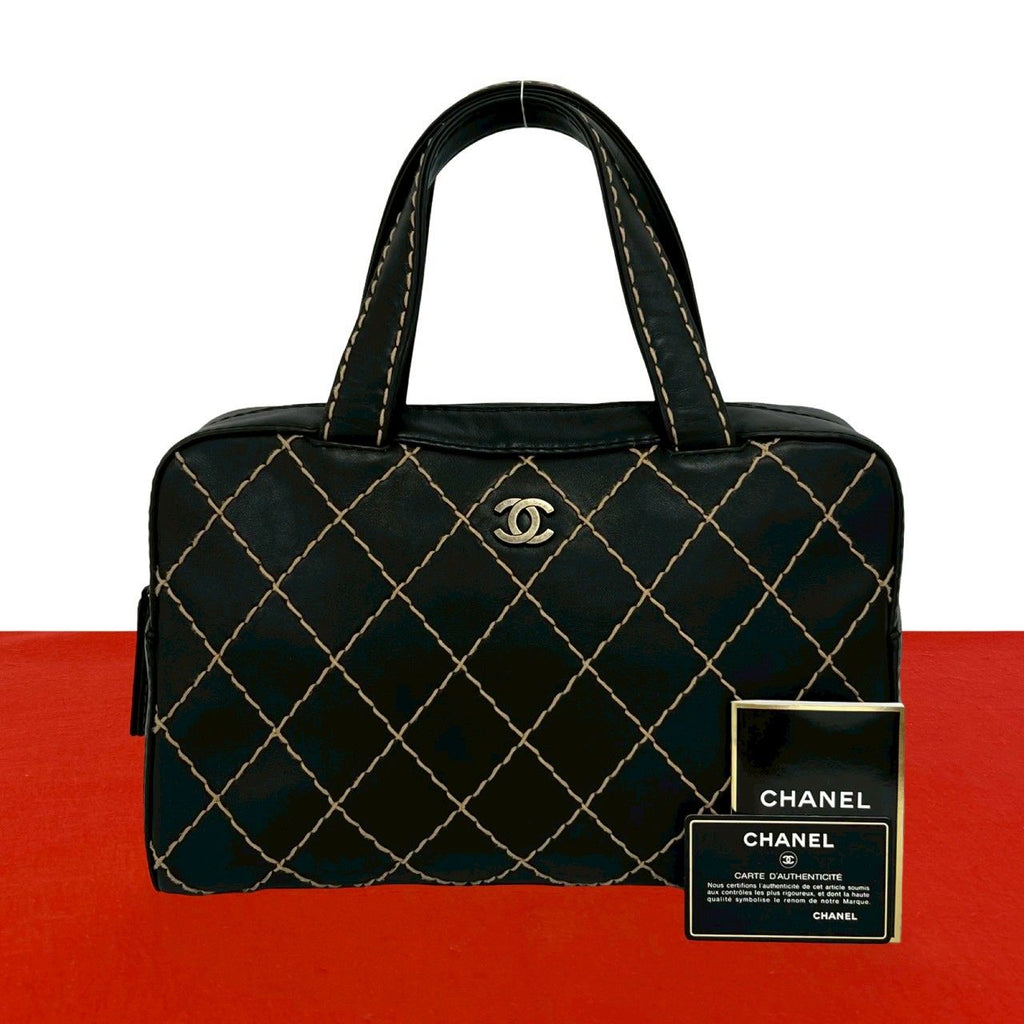 Chanel Card Seal Included Wild Stitch CC Logo Leather Boston Bag Black