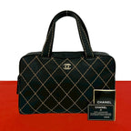 Chanel Card Seal Included Wild Stitch CC Logo Leather Boston Bag Black