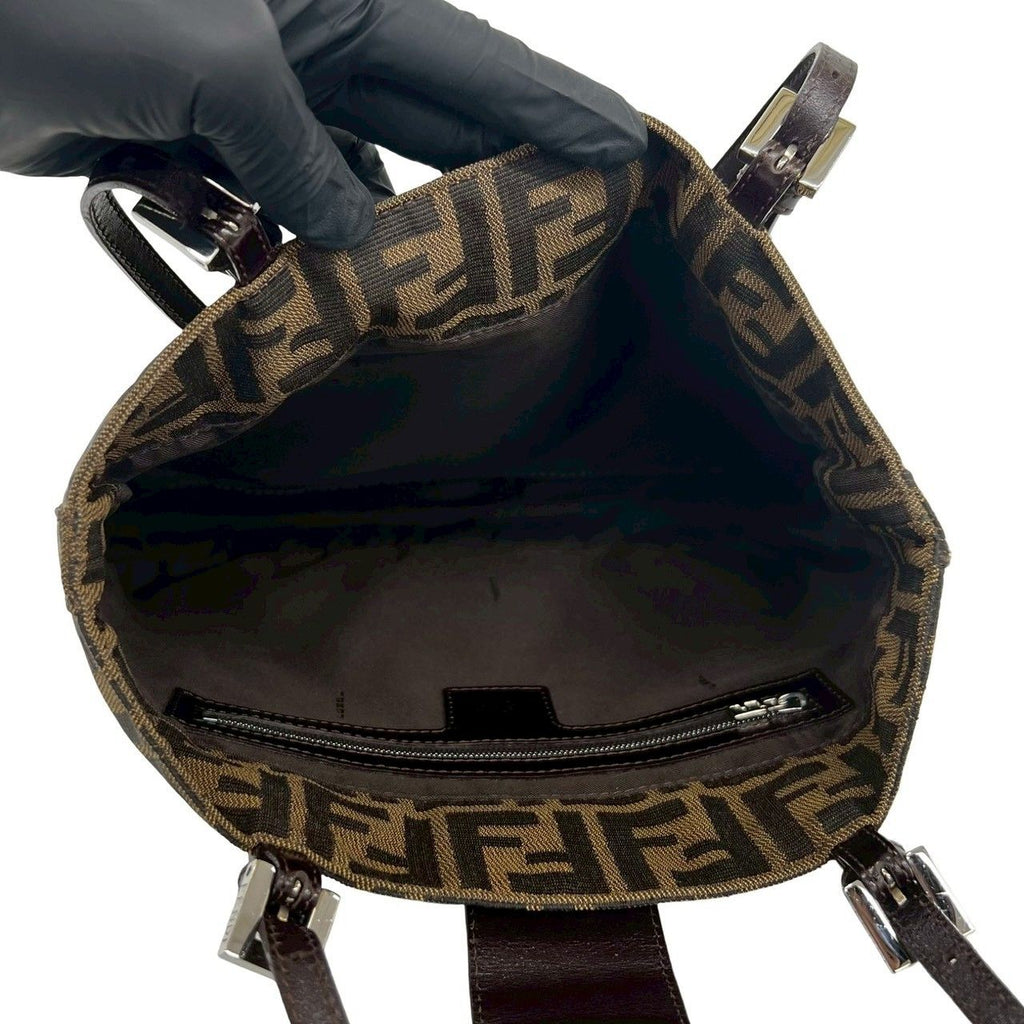 Fendi Zucca FF Pattern Logo Canvas Leather Tote Shoulder Bag Brown — view 9