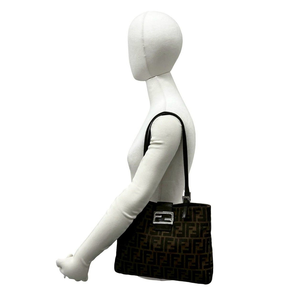 Fendi Zucca FF Pattern Logo Canvas Leather Tote Shoulder Bag Brown — view 2