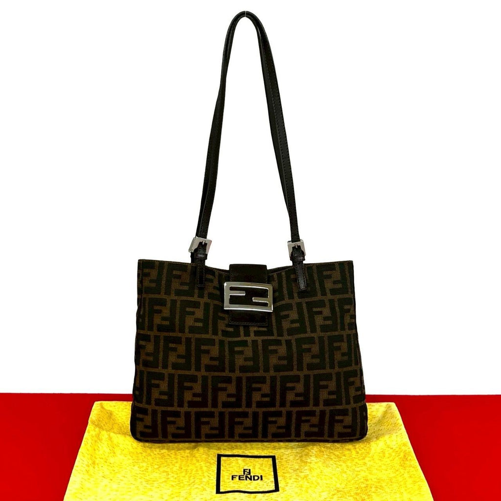 Fendi Zucca FF Pattern Logo Canvas Leather Tote Shoulder Bag Brown