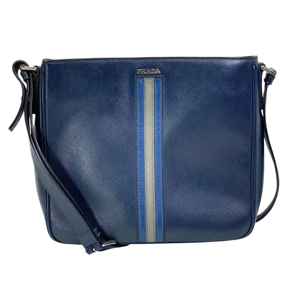 Prada Shoulder Bag Stripe Saffiano Leather Navy Crossbody Lightweight