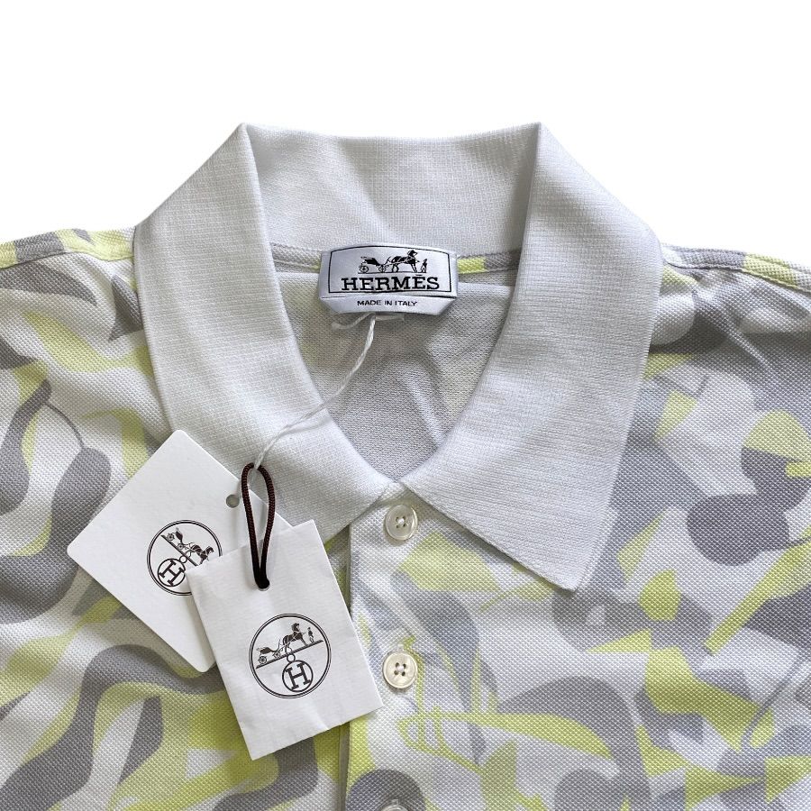 Hermes Puzzle Vegetal Short Sleeve Polo Shirt Top Cotton White Yellow Gray High — view 5