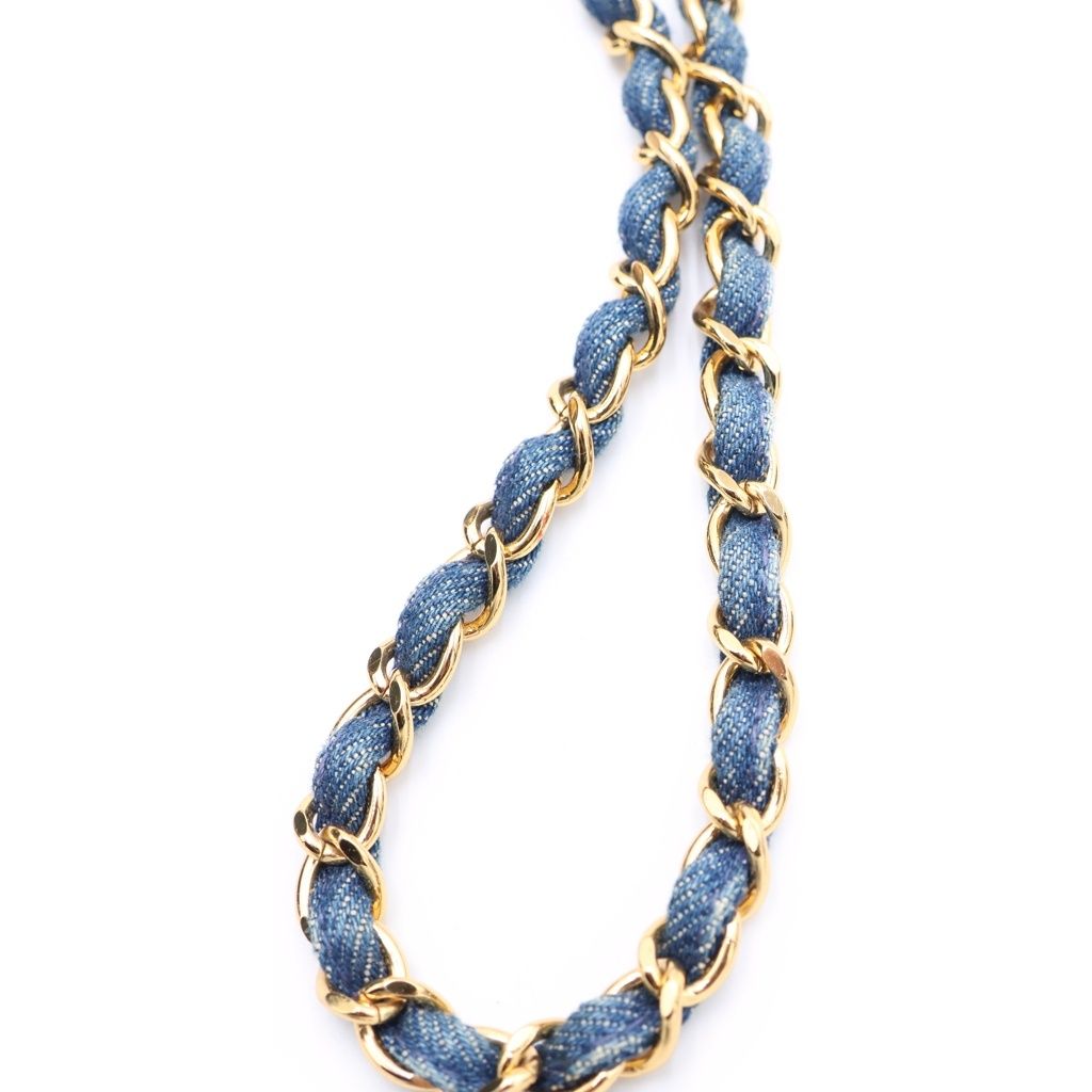 Chanel CC Logo Chain Basket Shoulder Bag Beige Indigo Blue Straw Denim Gold — view 6