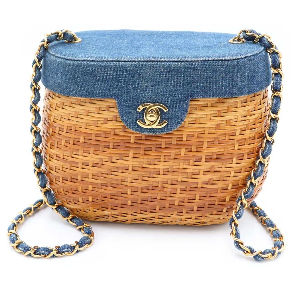 Chanel CC Logo Chain Basket Shoulder Bag Beige Indigo Blue Straw Denim Gold