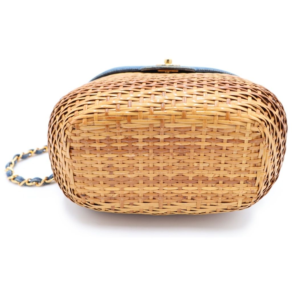 Chanel CC Logo Chain Basket Shoulder Bag Beige Indigo Blue Straw Denim Gold — view 4