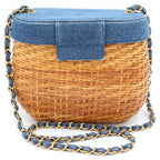 Chanel CC Logo Chain Basket Shoulder Bag Beige Indigo Blue Straw Denim Gold — view 2