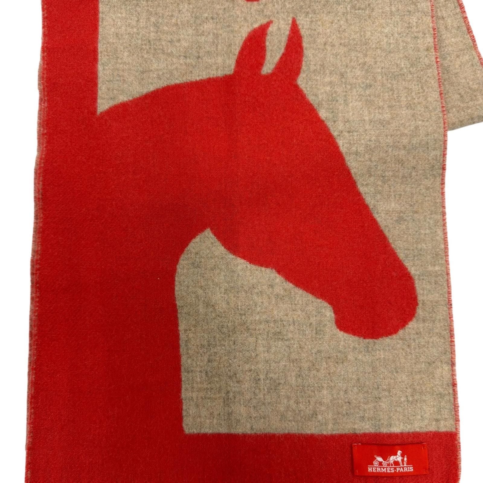 Hermes Love Story Scarf Cashmere with Fringe Horse Pattern Red Beige — view 7