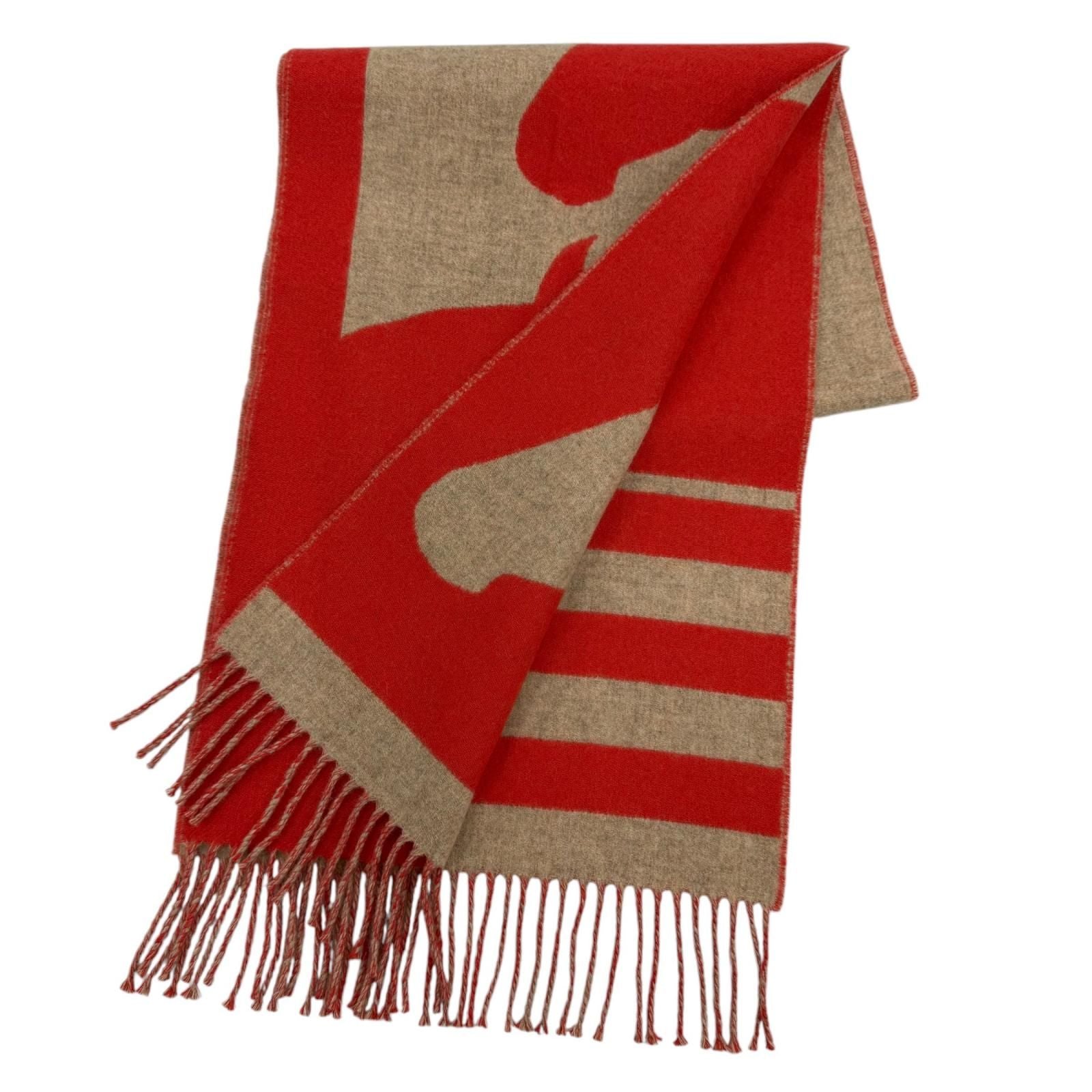 Hermes Love Story Scarf Cashmere with Fringe Horse Pattern Red Beige — view 5