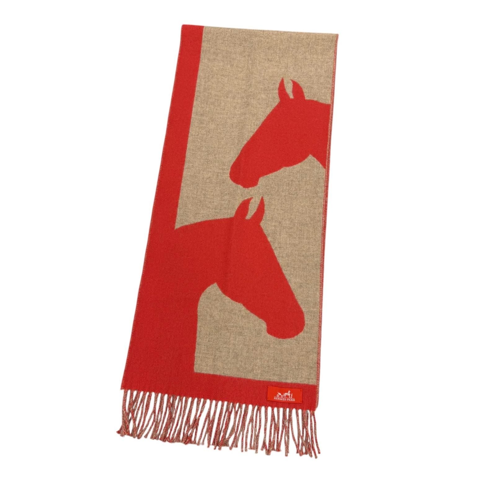 Hermes Love Story Scarf Cashmere with Fringe Horse Pattern Red Beige — view 3