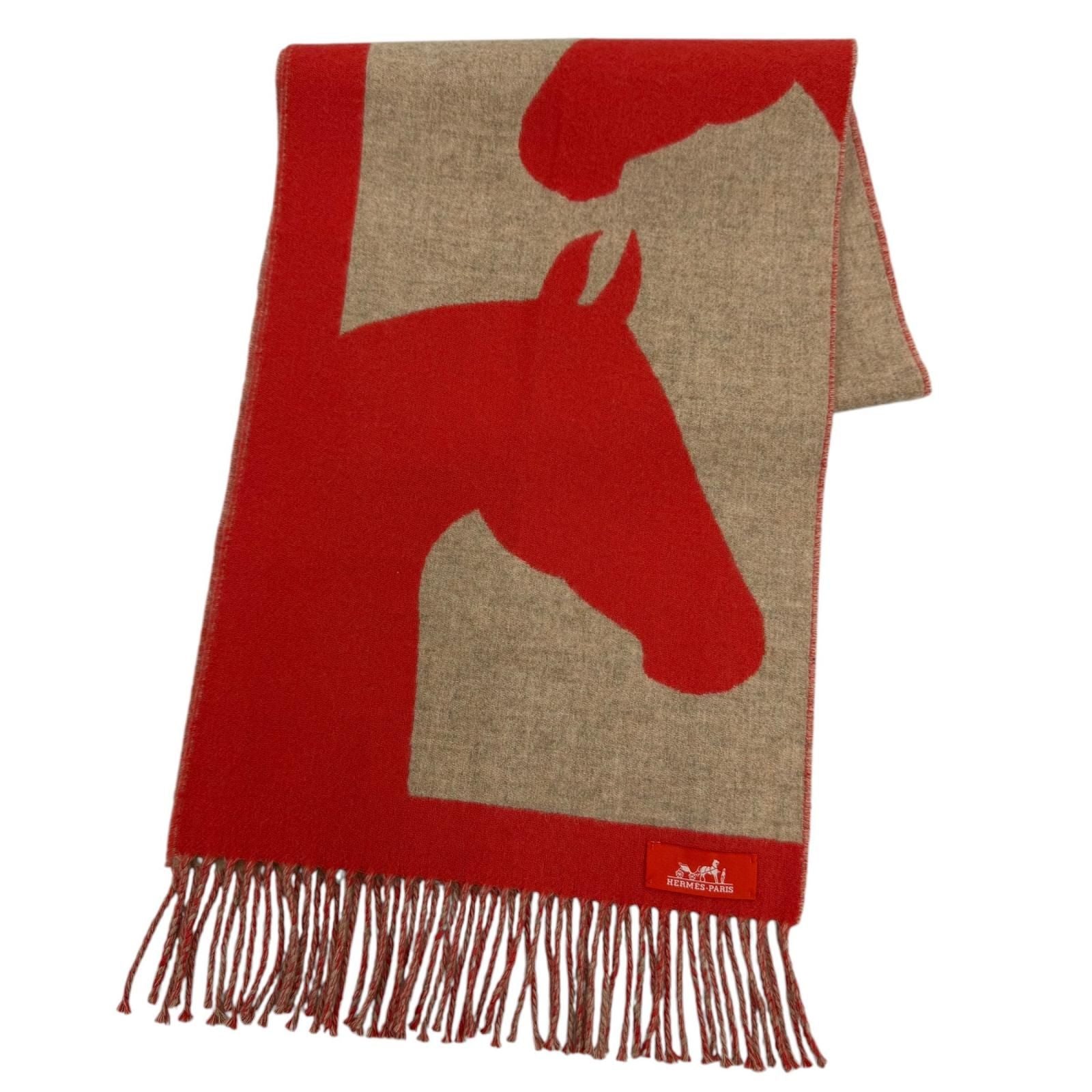 Hermes Love Story Scarf Cashmere with Fringe Horse Pattern Red Beige