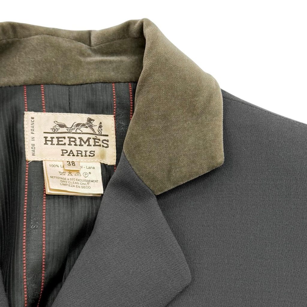 Hermes Vintage Wool Logo Button Velour Long Jacket Charcoal Gray 38 — view 7