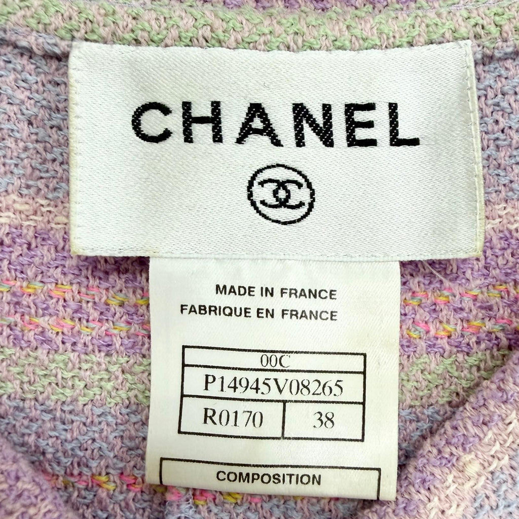 Chanel 00c Wool Square Logo Button Short Sleeve Tweed Dress Purple Green 38 — view 6