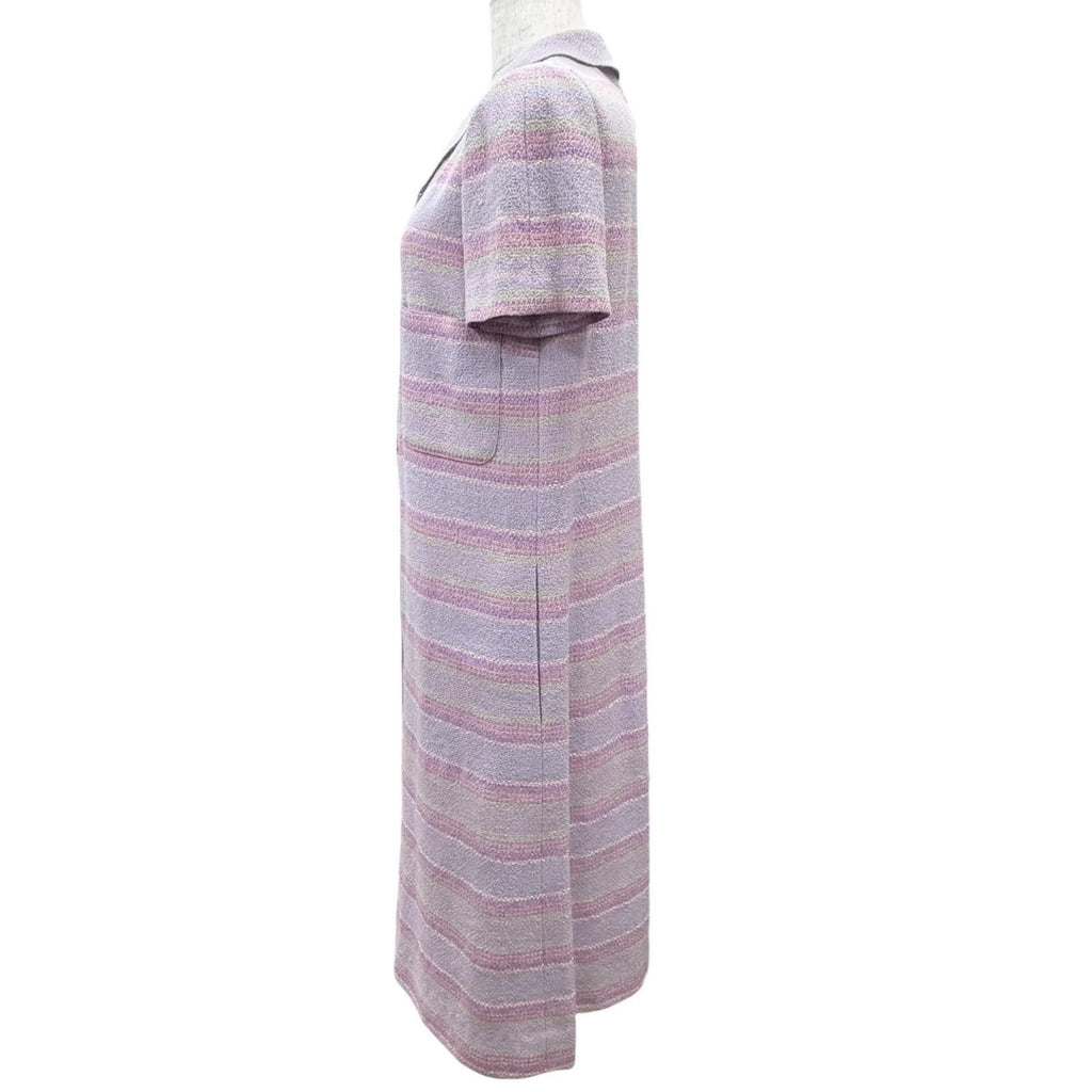 Chanel 00c Wool Square Logo Button Short Sleeve Tweed Dress Purple Green 38 — view 3