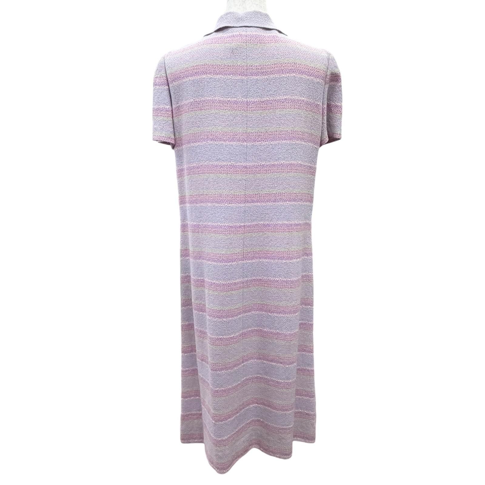 Chanel 00c Wool Square Logo Button Short Sleeve Tweed Dress Purple Green 38 — view 4