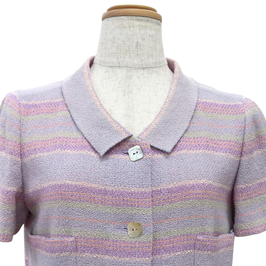 Chanel 00c Wool Square Logo Button Short Sleeve Tweed Dress Purple Green 38 — view 2