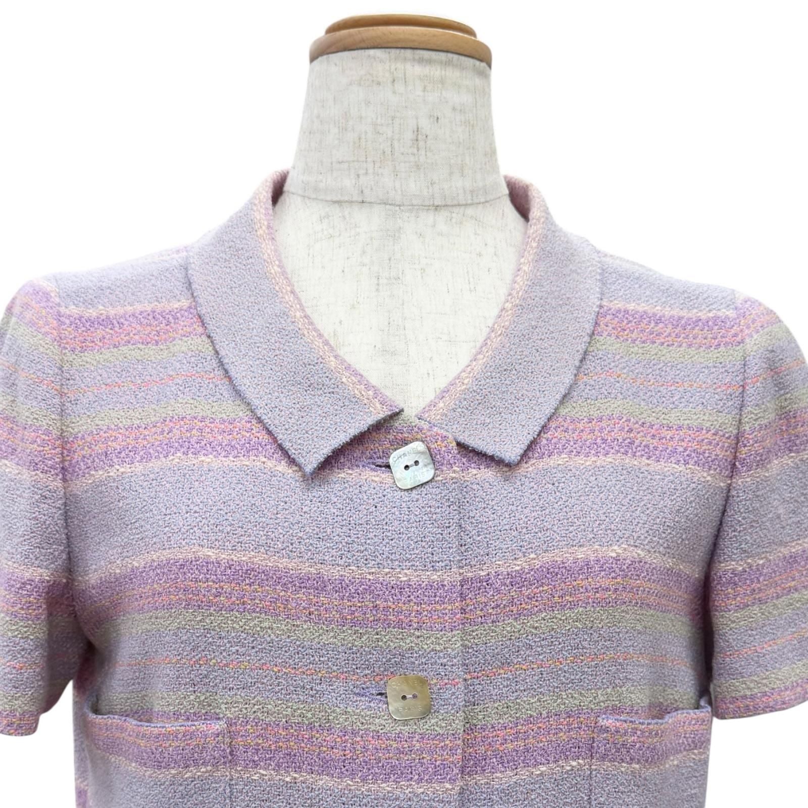 Chanel 00c Wool Square Logo Button Short Sleeve Tweed Dress Purple Green 38 — view 2