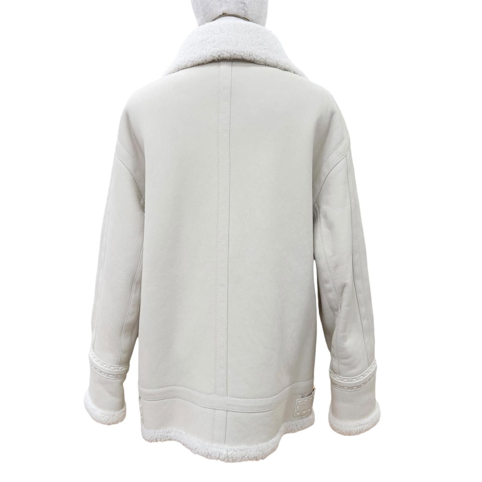 Fendi Sheep Leather FF Logo Lambskin Shearling Jacket Beige 38 — view 4