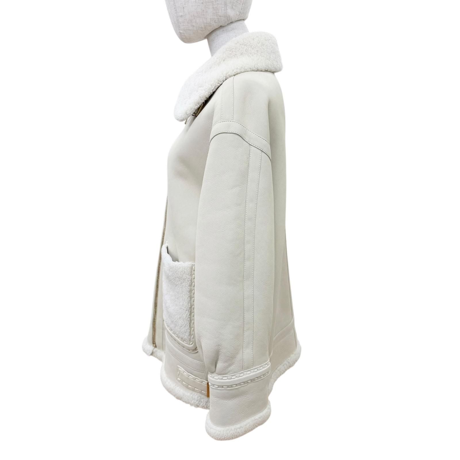 Fendi Sheep Leather FF Logo Lambskin Shearling Jacket Beige 38 — view 3