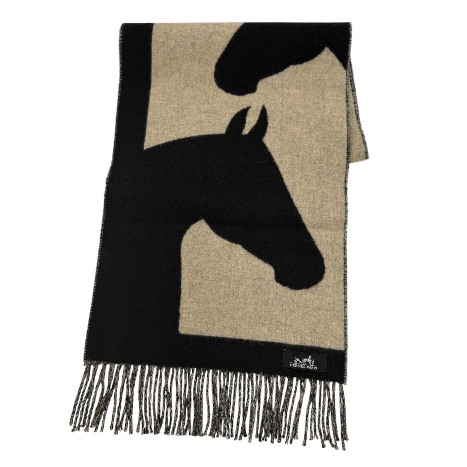 Hermes Love Story Scarf Cashmere with Fringe Horse Pattern Black Beige