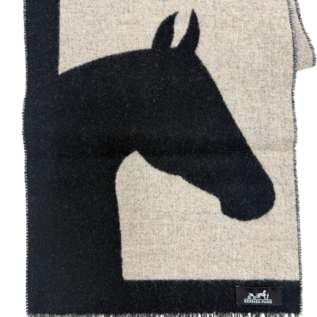 Hermes Love Story Scarf Cashmere with Fringe Horse Pattern Black Beige — view 7