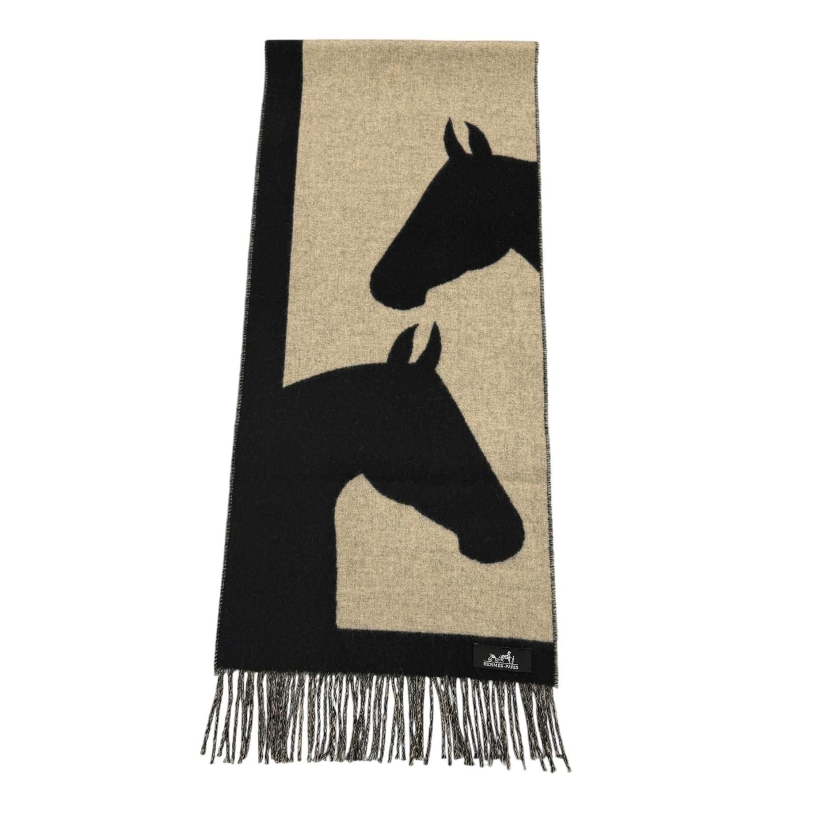 Hermes Love Story Scarf Cashmere with Fringe Horse Pattern Black Beige — view 3