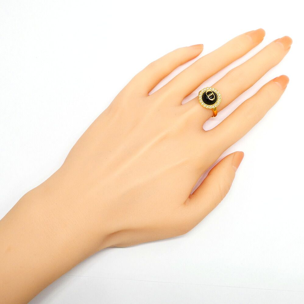 Dior Petit CD Baroque Stud Ring L Metal Resin Pearl Black Gold — view 9