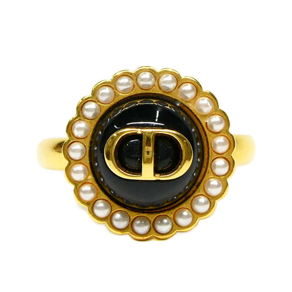 Dior Petit CD Baroque Stud Ring L Metal Resin Pearl Black Gold