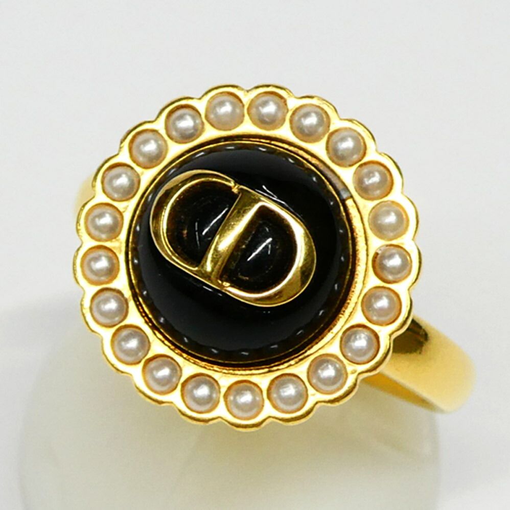 Dior Petit CD Baroque Stud Ring L Metal Resin Pearl Black Gold — view 7