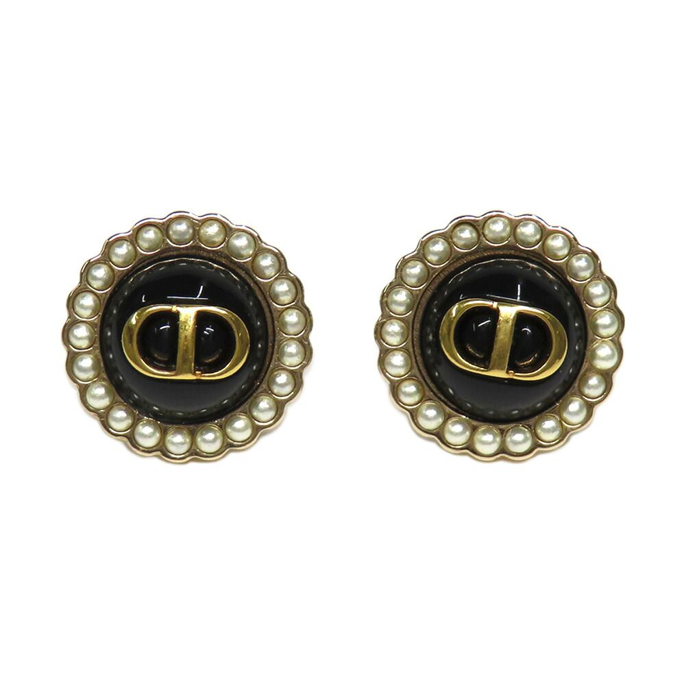Dior Petit CD Baroque Stud Earrings Metal Resin Pearl Black Gold 1 Pair