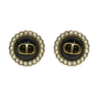 Dior Petit CD Baroque Stud Earrings Metal Resin Pearl Black Gold 1 Pair