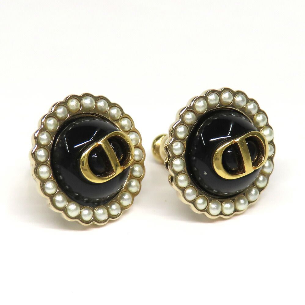 Dior Petit CD Baroque Stud Earrings Metal Resin Pearl Black Gold 1 Pair