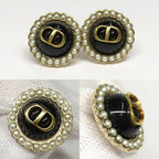 Dior Petit CD Baroque Stud Earrings Metal Resin Pearl Black Gold 1 Pair