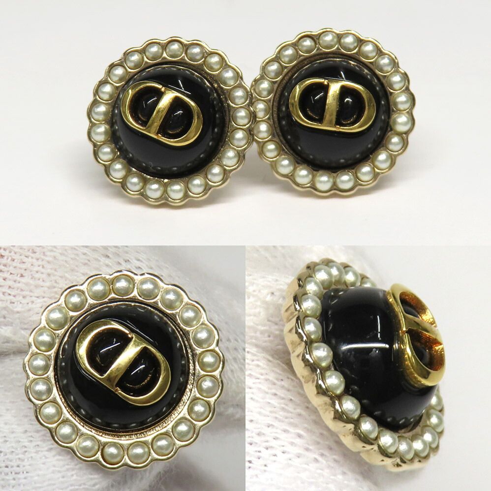 Dior Petit CD Baroque Stud Earrings Metal Resin Pearl Black Gold 1 Pair