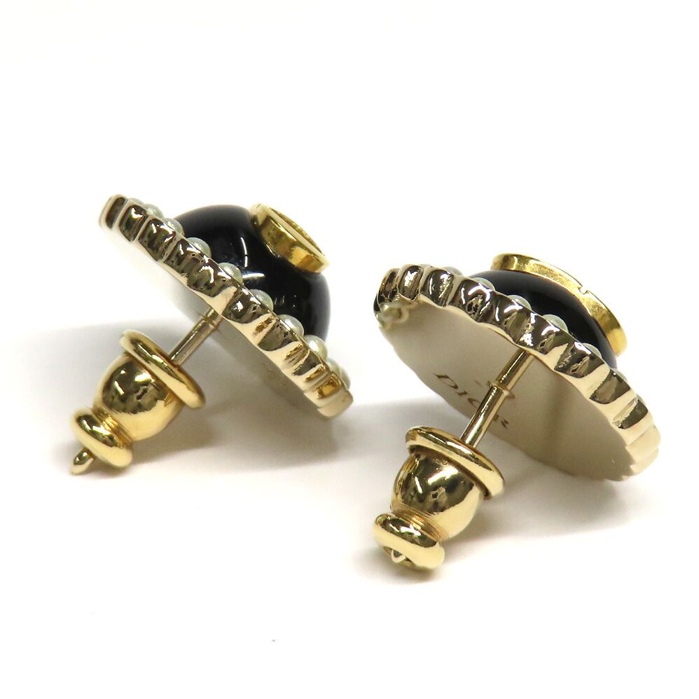 Dior Petit CD Baroque Stud Earrings Metal Resin Pearl Black Gold 1 Pair