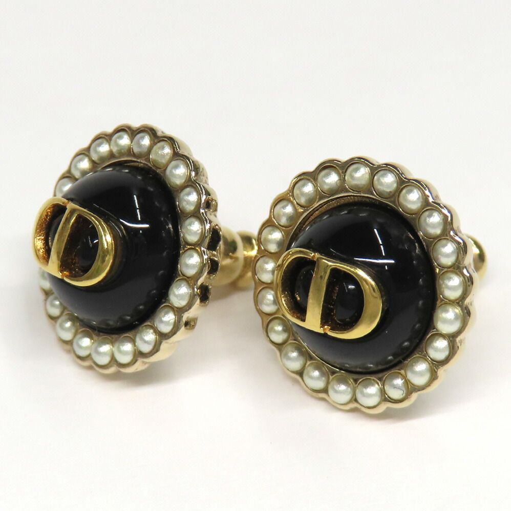 Dior Petit CD Baroque Stud Earrings Metal Resin Pearl Black Gold 1 Pair