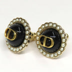 Dior Petit CD Baroque Stud Earrings Metal Resin Pearl Black Gold 1 Pair