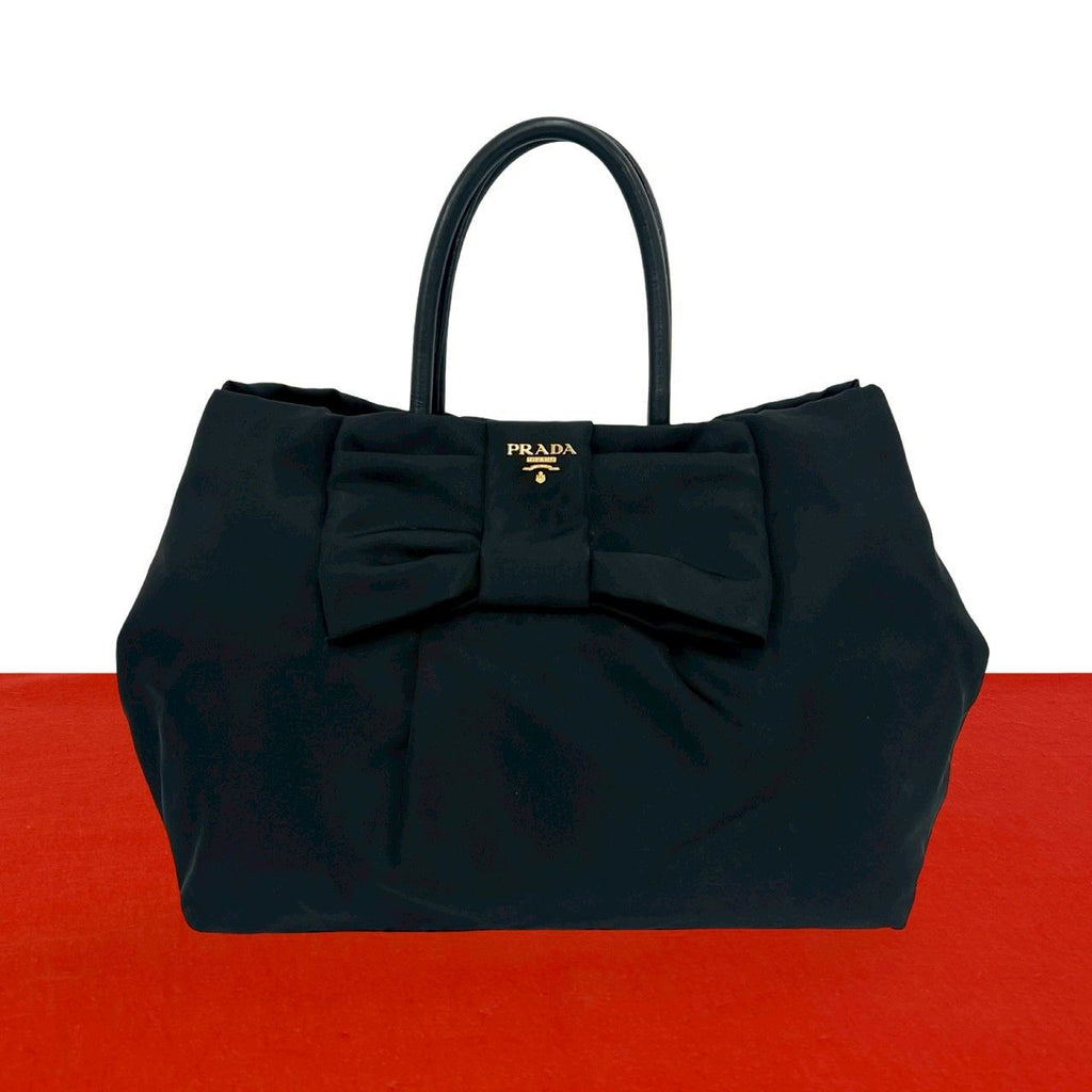 Prada Logo Ribbon Motif Nylon Leather Handbag Mini Tote Black