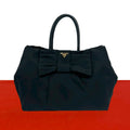 Prada Logo Ribbon Motif Nylon Leather Handbag Mini Tote Black