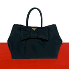 Prada Logo Ribbon Motif Nylon Leather Handbag Mini Tote Black