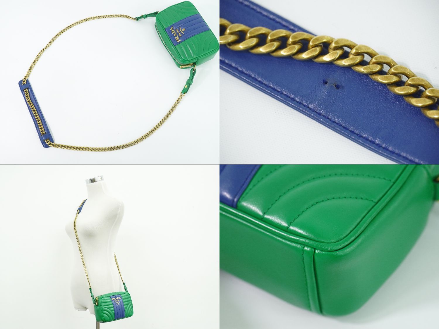 Prada Diagram Chain Shoulder Bag Pochette Leather Green Blue Diagramme — view 6