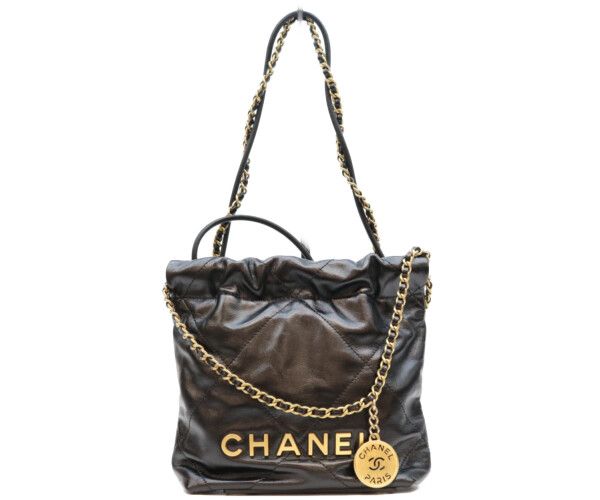 Chanel Black 22 Mini Shiny Calfskin Gold Chain