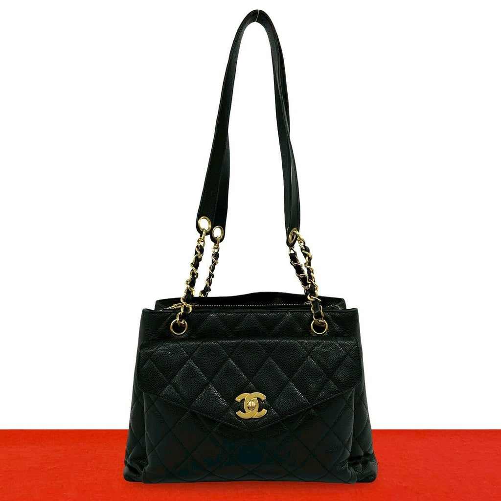 Chanel Vintage Quilted CC Logo Caviar Leather Shoulder Bag Tote Black