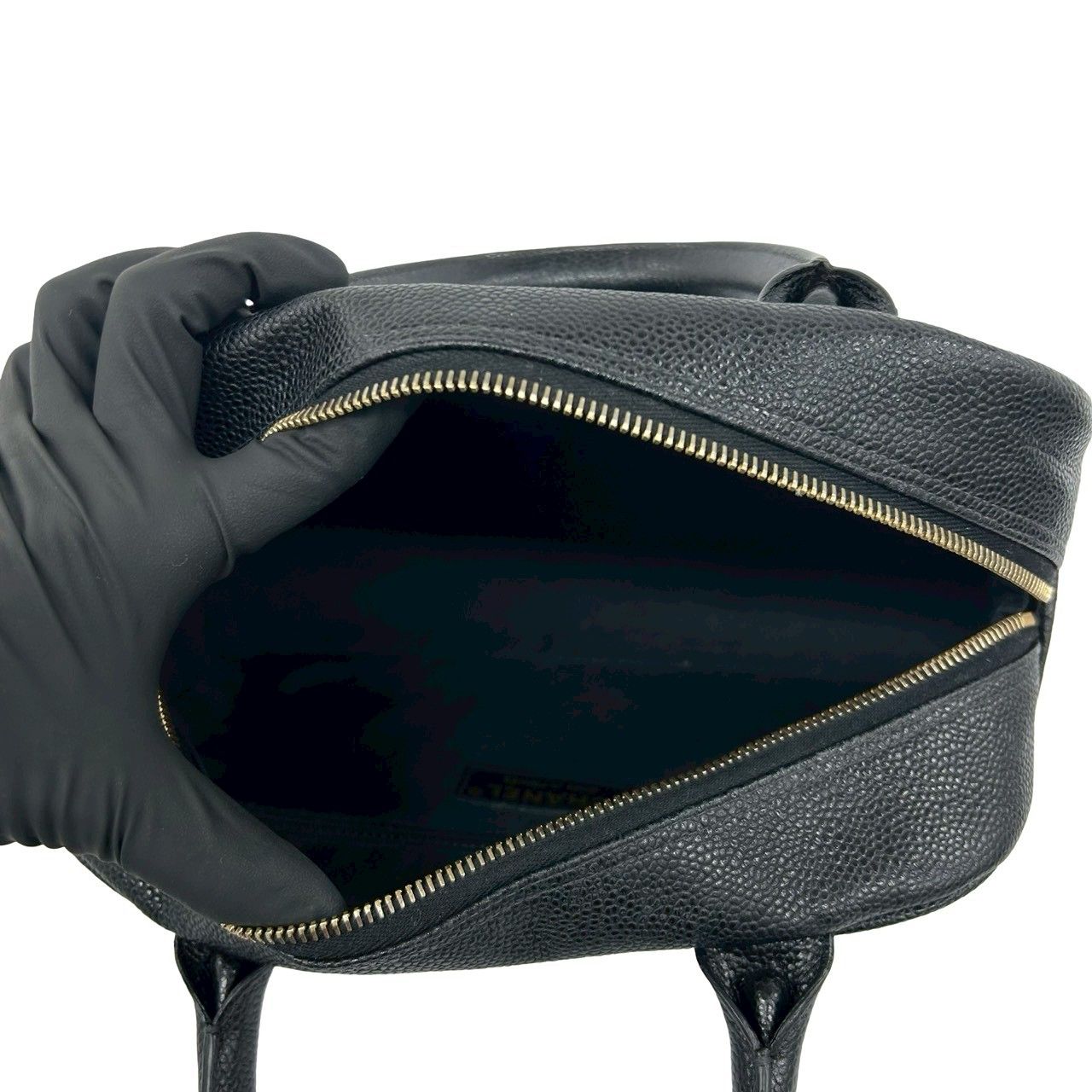 Chanel Quilted CC Logo Caviar Leather Mini Boston Bag Black — view 9