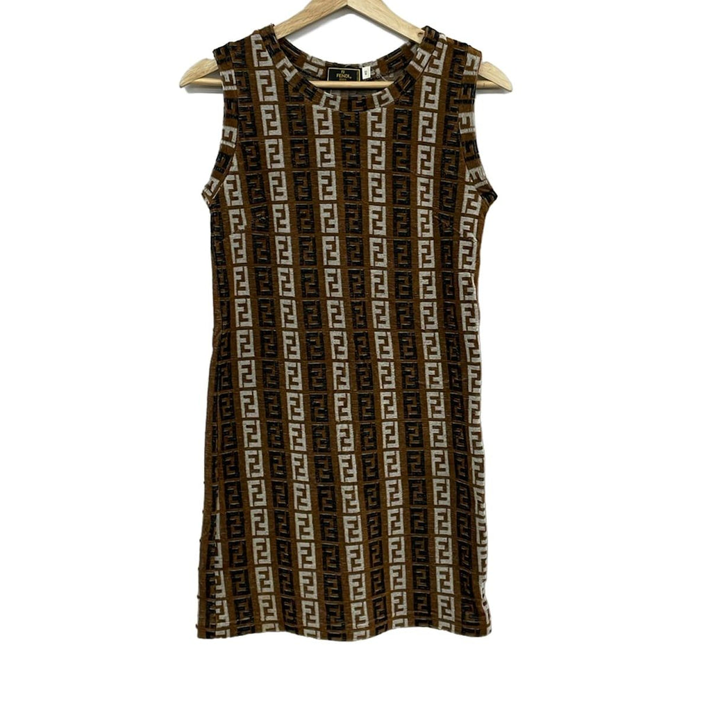 Fendi Dress 40 M Brown Black White Crew Neck Sleeveless Knee Length Pile Zucca